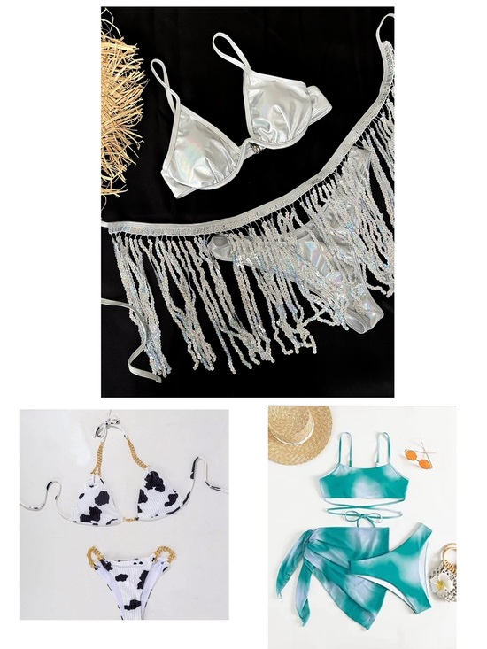 Accessories - 3 Set Bikini Women's Festival Beach Party Wear Triangle Top with Sequin Tassel &